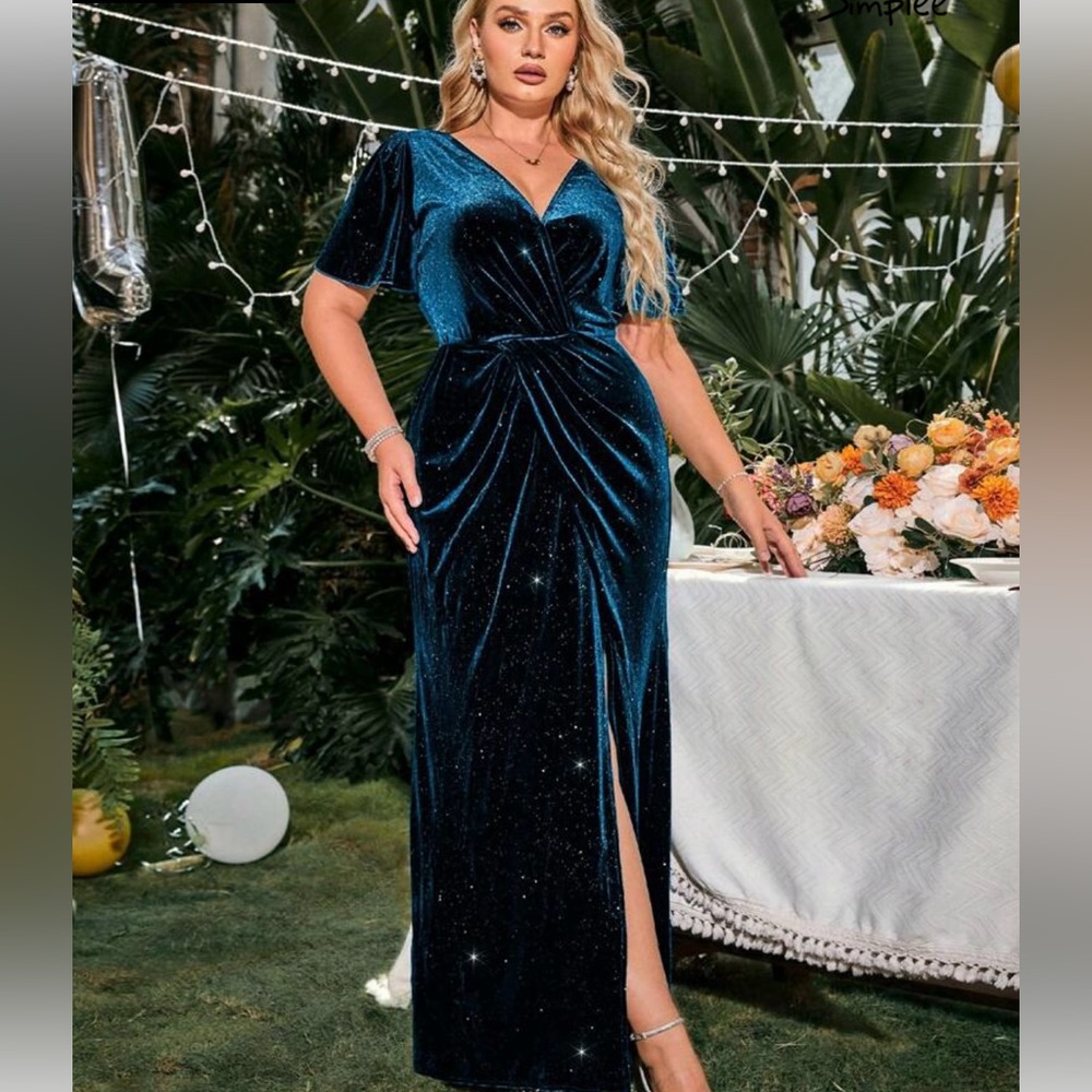 Plus Size Blue and Gold Velvet Dress